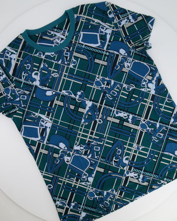 Hermès Green and Blue "Tartan et Chaines Milano" T-Shirt Size FR 36 (UK 8) RRP £680