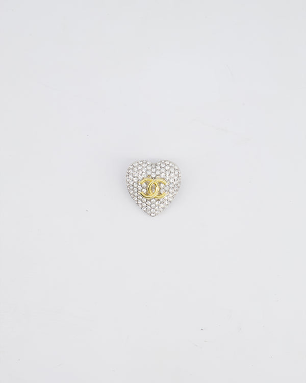 Chanel Crystal Heart Brooch With Gold CC Logo and Hardware