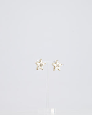 Chanel Pearl Star Stud Earrings With Crystal CC Logo and Silver Hardware
