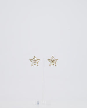 Chanel Pearl Star Stud Earrings With Crystal CC Logo and Silver Hardware