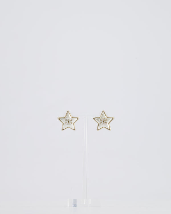 Chanel Pearl Star Stud Earrings With Crystal CC Logo and Silver Hardware