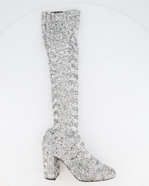 Dolce & Gabbana Silver Sequin Over The Knee Boots With Block Heel Size EU 39.5