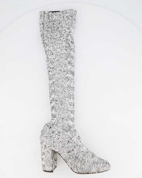 Dolce & Gabbana Silver Sequin Over The Knee Boots With Block Heel Size EU 39.5