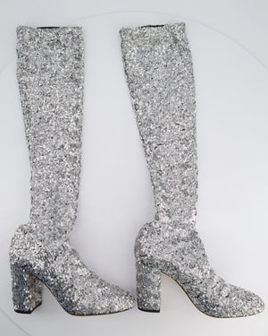 Dolce & Gabbana Silver Sequin Over The Knee Boots With Block Heel Size EU 39.5