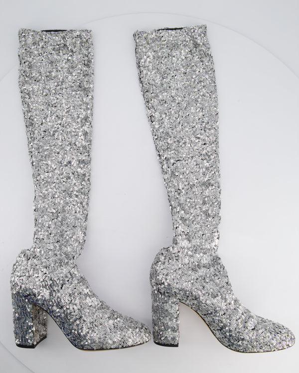 Dolce & Gabbana Silver Sequin Over The Knee Boots With Block Heel Size EU 39.5