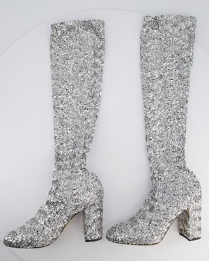 Dolce & Gabbana Silver Sequin Over The Knee Boots With Block Heel Size EU 39.5