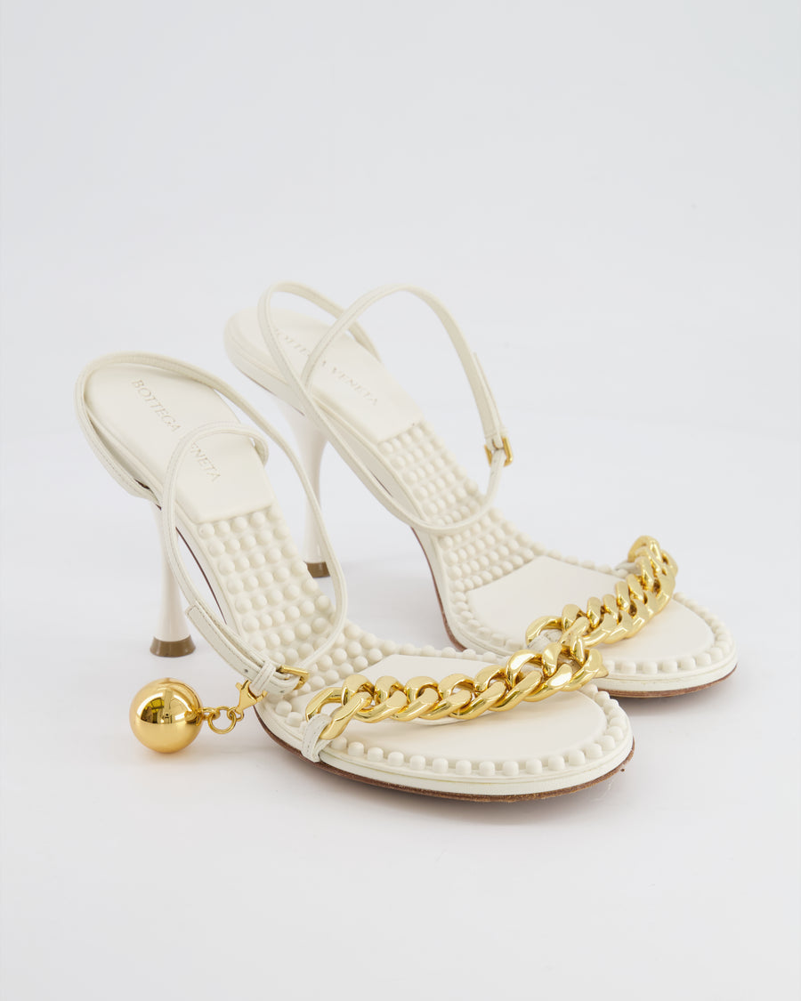 Bottega Veneta White Dot Leather Sandal Heels with Gold Details Size EU 39 RRP £1,350