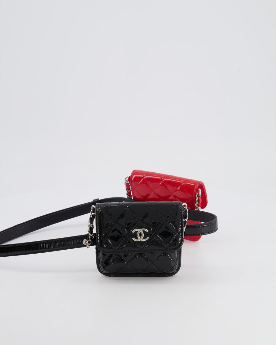 Chanel Cruise 2020 Black and Red Patent Leather Mini Dual Twin Belt Bag