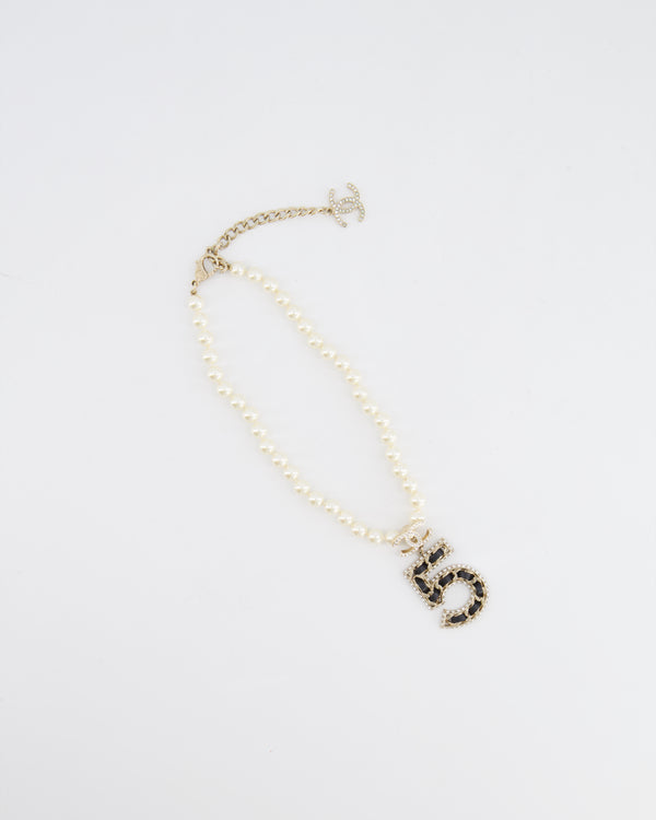 *HOT* Chanel 2023 Pearl, Leather and Crystal Embellished No.5 Necklace