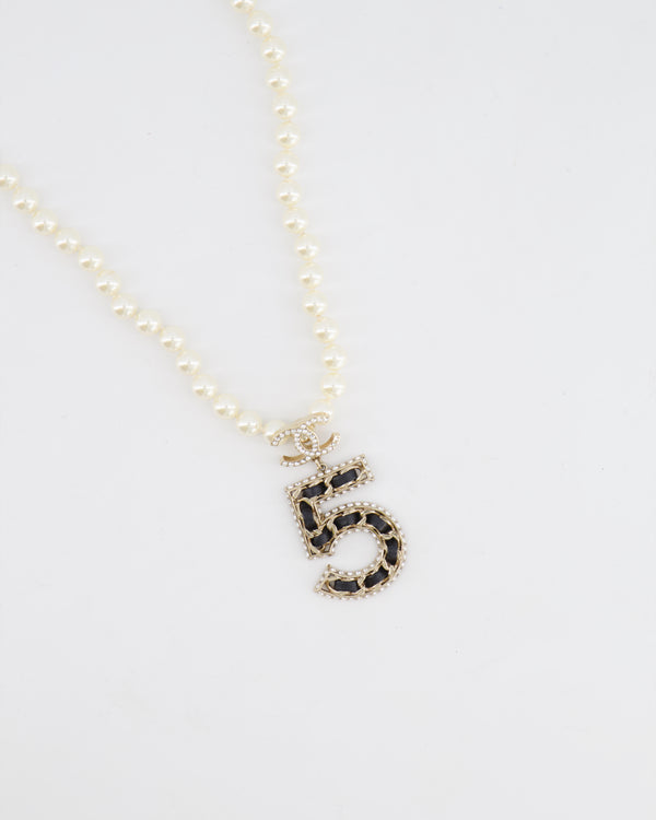 *HOT* Chanel 2023 Pearl, Leather and Crystal Embellished No.5 Necklace
