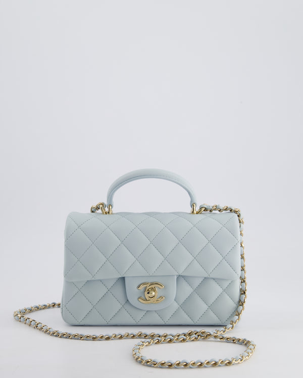 Chanel Baby Blue Mini Rectangular Top Handle Bag in Lambskin Leather with Champagne Gold Hardware