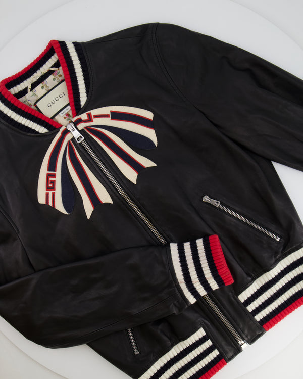 Gucci Black, Red and Cream Lambskin Leather Jacket with Logo Detail Size IT 44 (UK 12)
