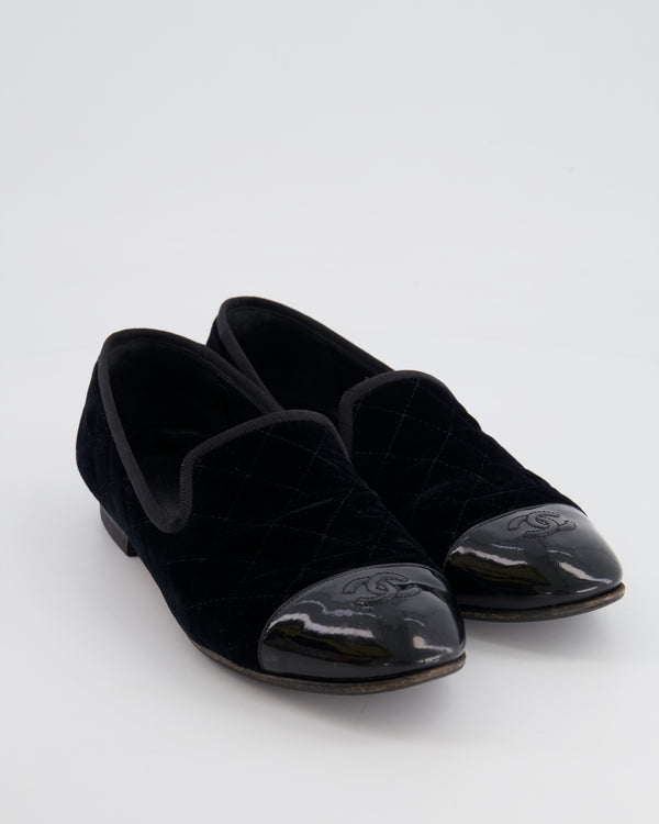 Chanel Black Quilted Velvet and Patent Leather Loafers with CC Logo Detail Size EU 40C