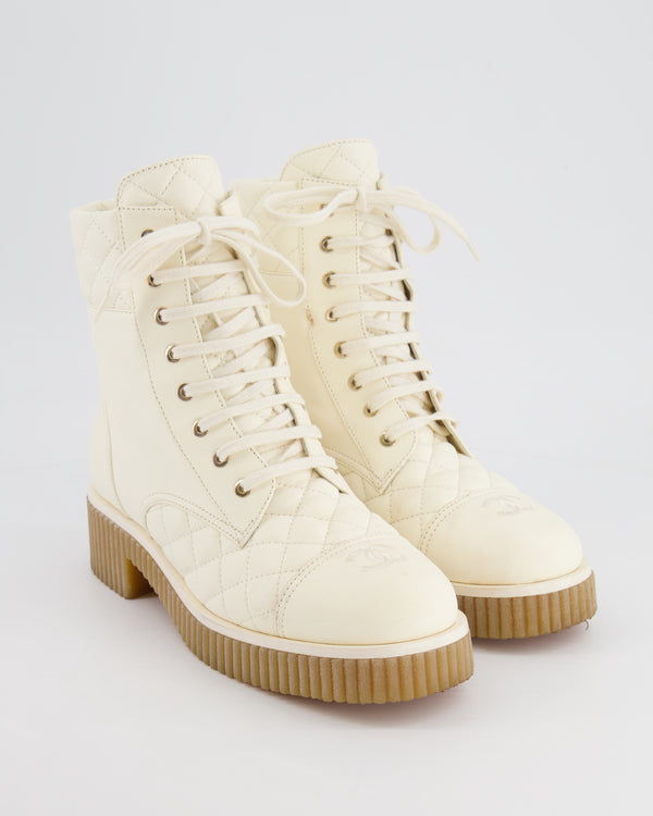 Chanel Cream Leather Quilted Boots with CC Logo Detail Size EU 40