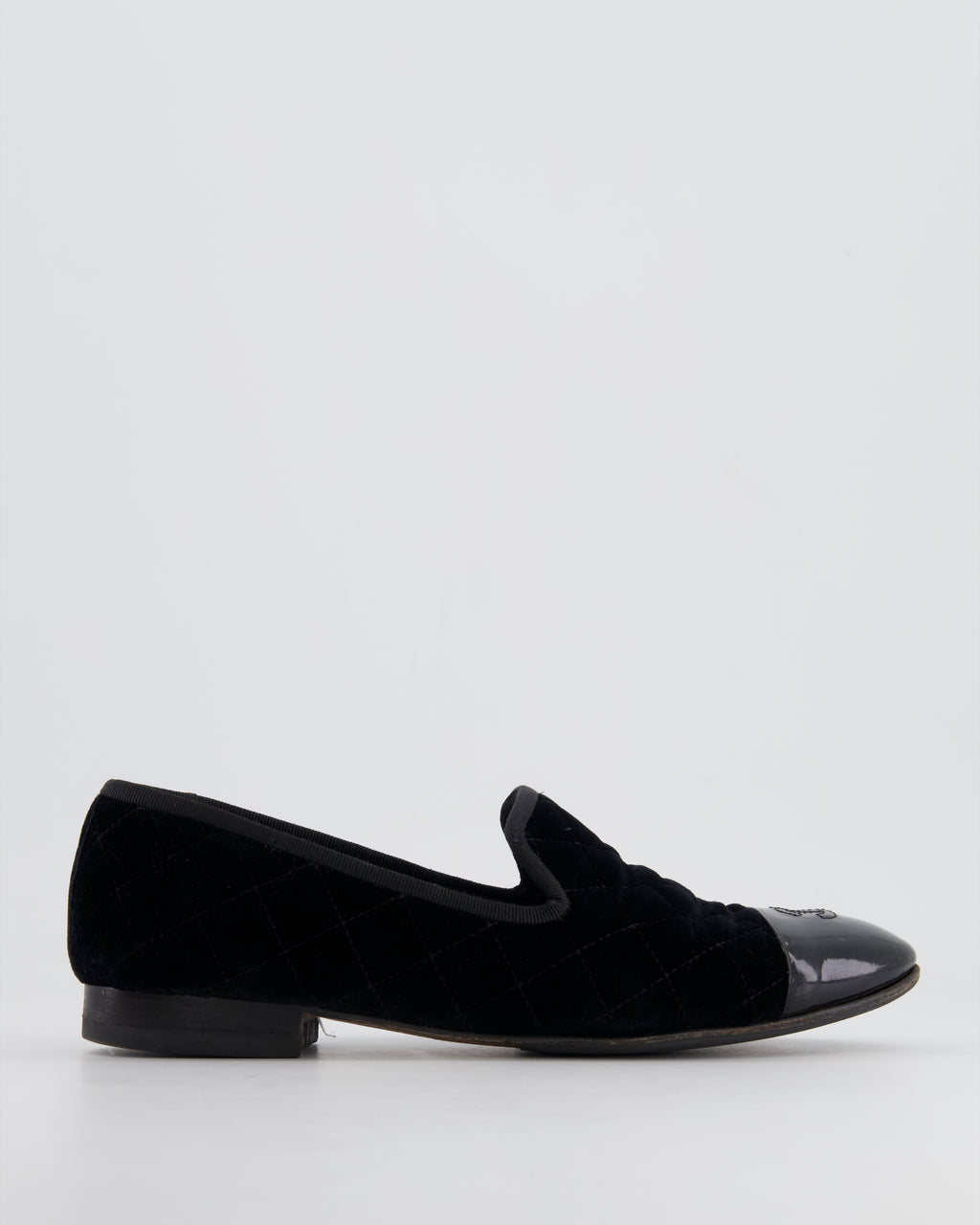 Chanel Black Quilted Velvet and Patent Leather Loafers with CC
