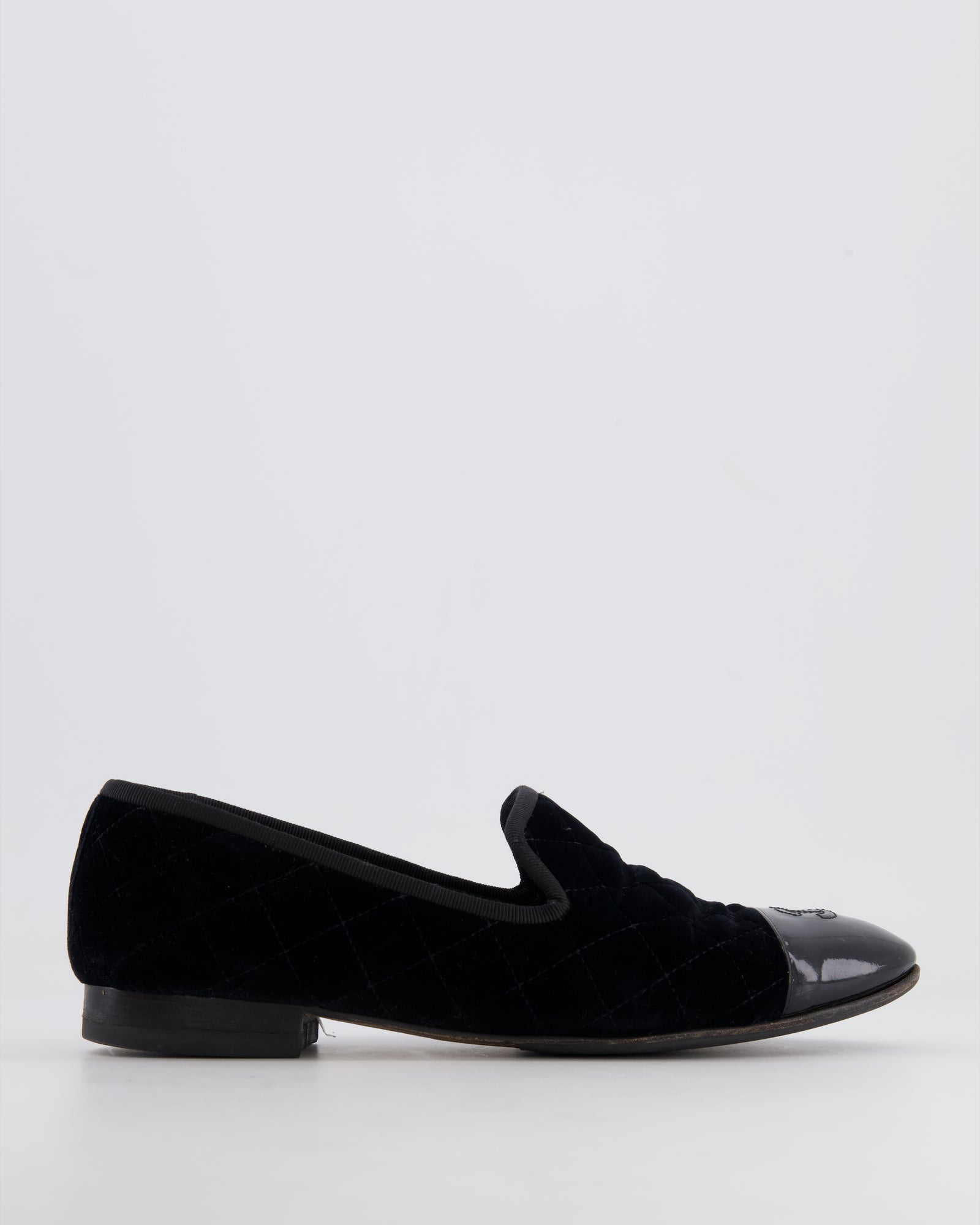 Chanel Black Quilted Velvet and Patent Leather Loafers with