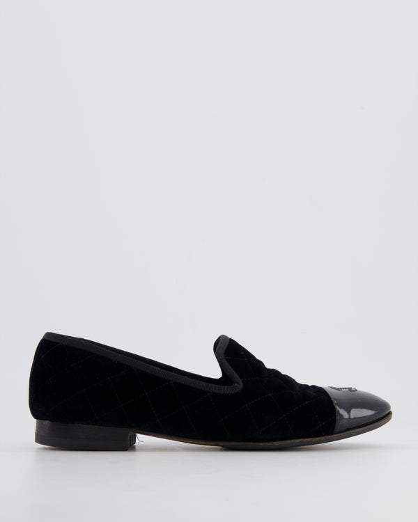Chanel Black Quilted Velvet and Patent Leather Loafers with CC Logo Detail Size EU 40C