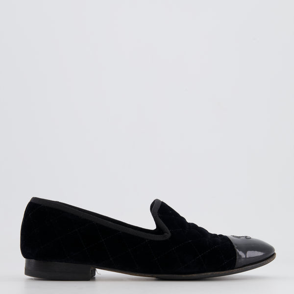 Chanel Black Quilted Velvet and Patent Leather Loafers with