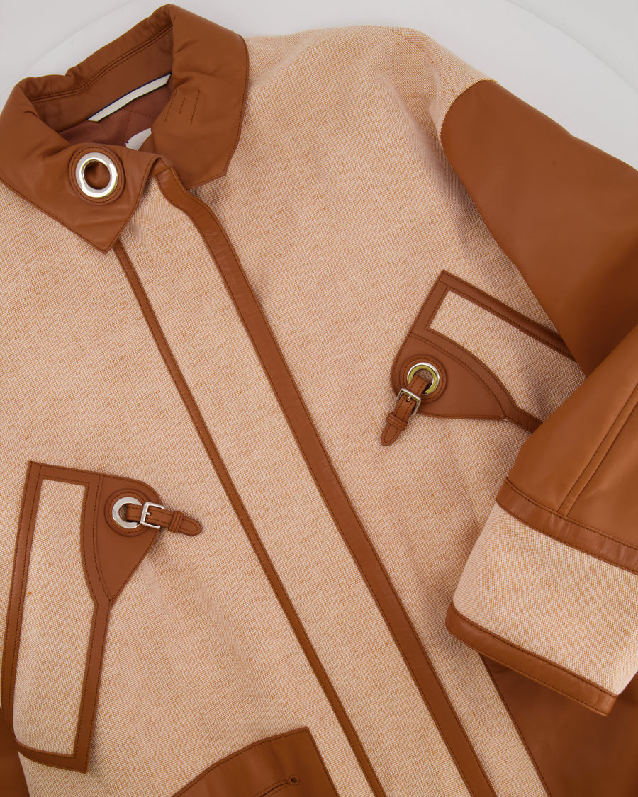 *RUNWAY* Hermès SS 2022 Beige, Brown Leather and Linen Coat with Palladium Details Size FR 36 (UK 8) RRP £10,200
