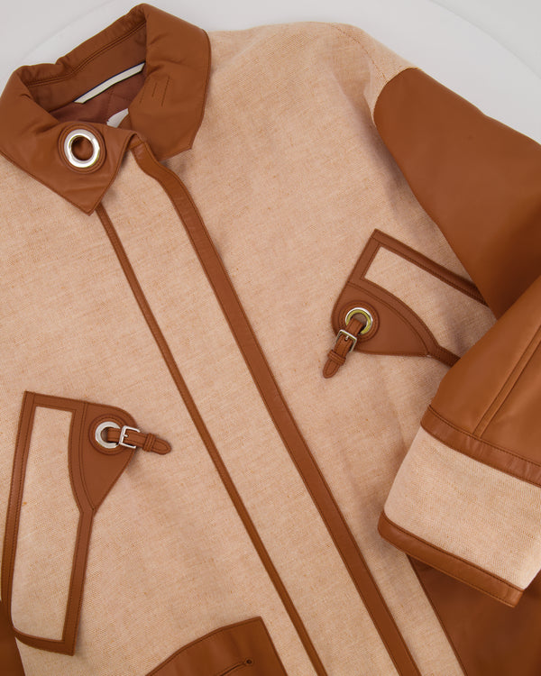 *RUNWAY* Hermès SS 2022 Beige, Brown Leather and Linen Coat with Palladium Details Size FR 36 (UK 8) RRP £10,200
