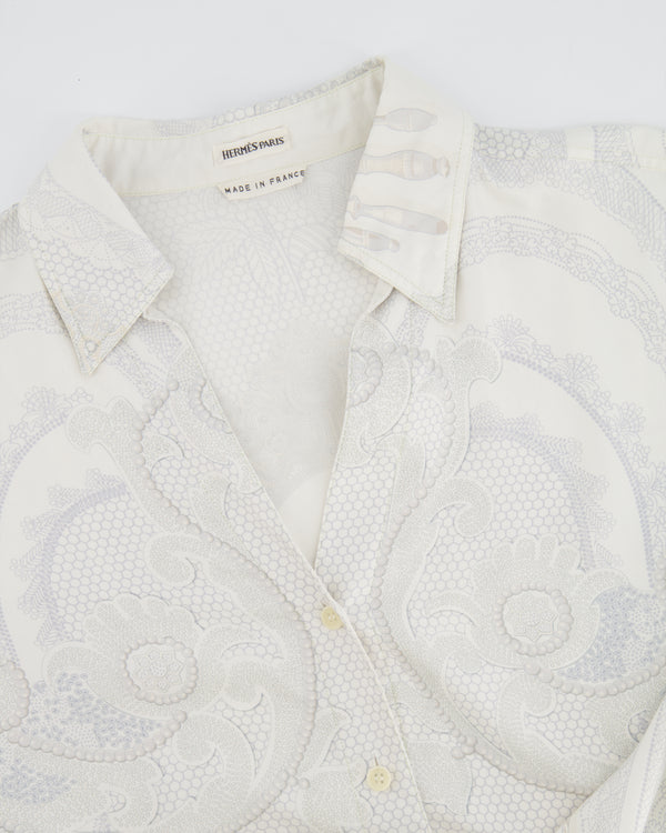 Hermès White and Grey "Doigts de fée" Silk Printed Shirt Size FR 38 (UK 10)