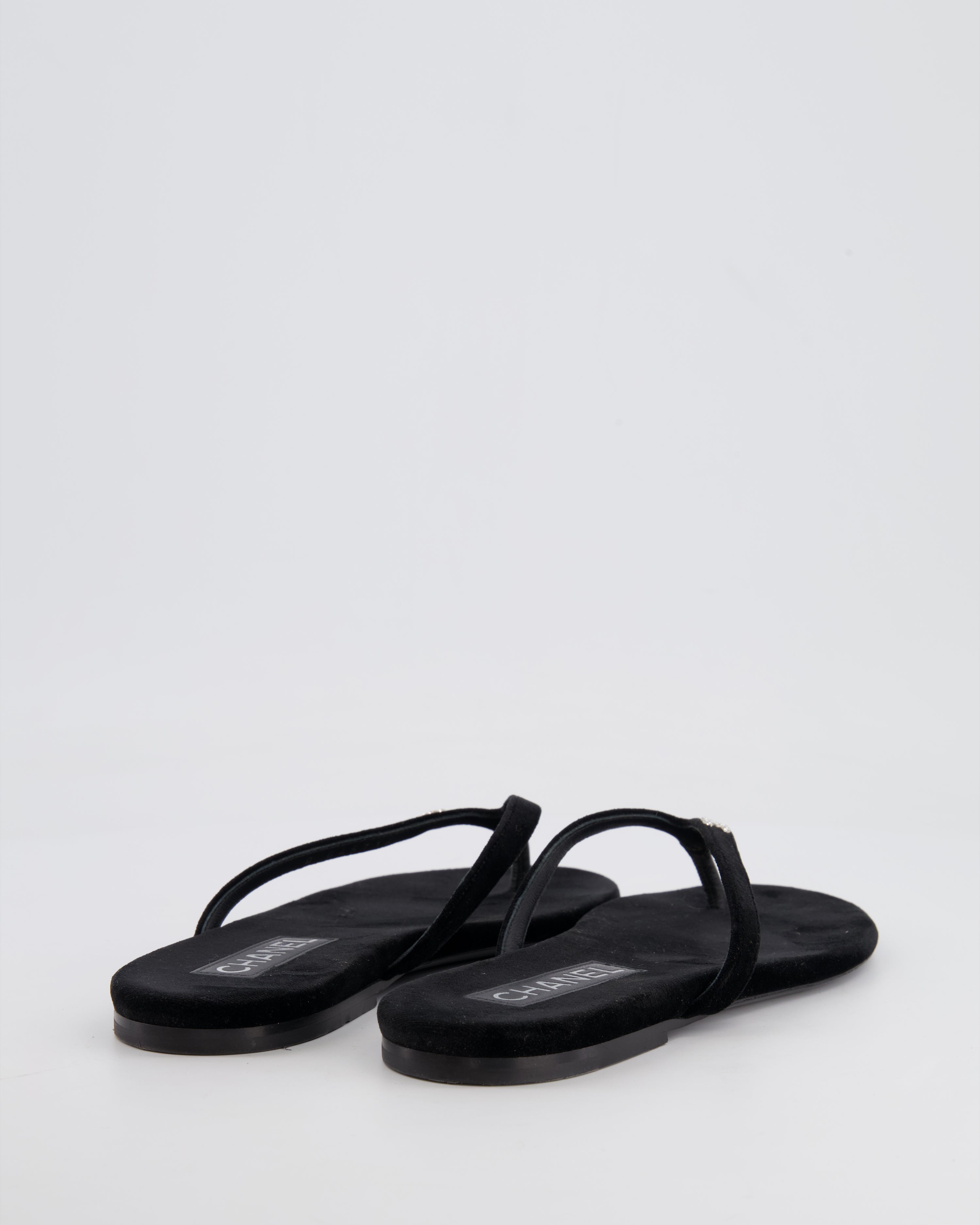 Chanel Black Velvet Flip Flops with CC Crystal Logo Detail