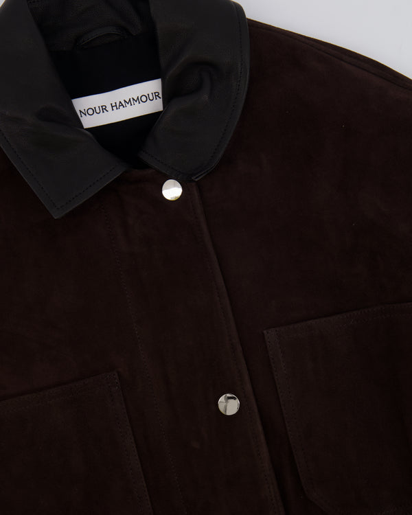 Nour Hammour Brown Suede Barn Leather Jacket with Black Leather Collar Size FR 36 (UK 8) RRP £1,250