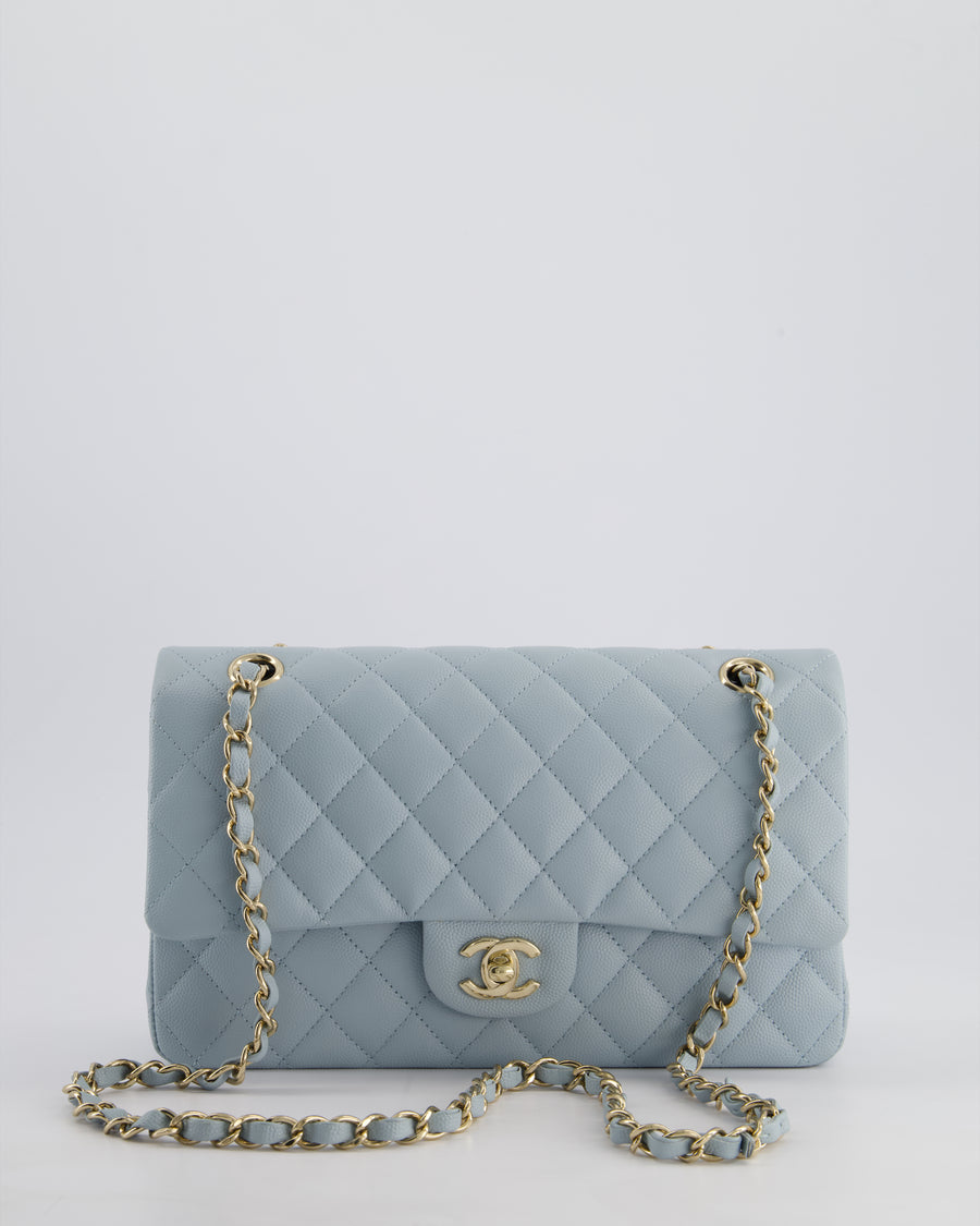 HOT* Chanel Baby Blue Medium Classic Double Flap Bag in Caviar