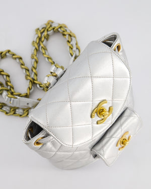 *RARE* Chanel Metallic Silver Vintage Mini Duma Backpack Bag in Lambskin Leather with 24K Gold Hardware