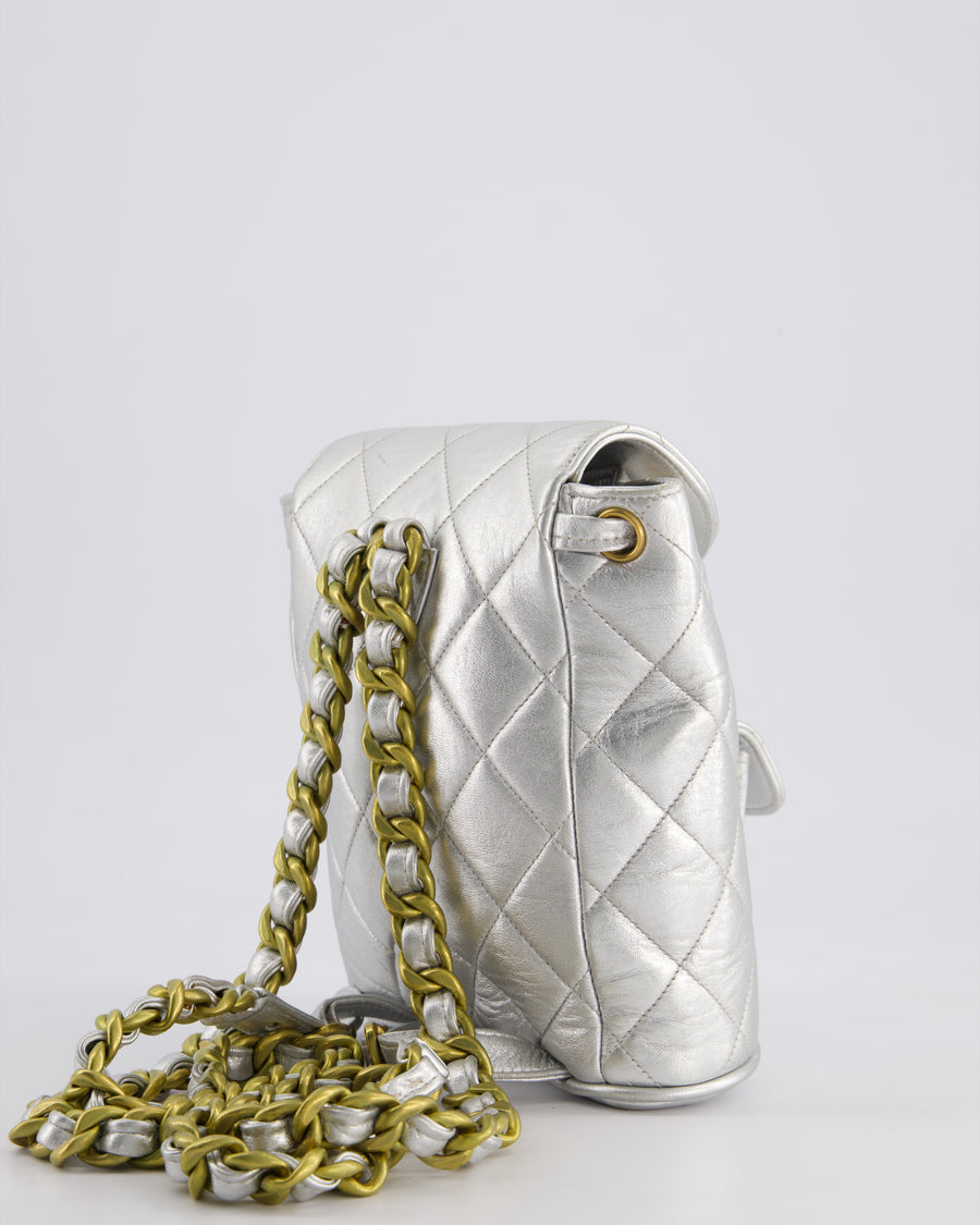 *RARE* Chanel Metallic Silver Vintage Mini Duma Backpack Bag in Lambskin Leather with 24K Gold Hardware