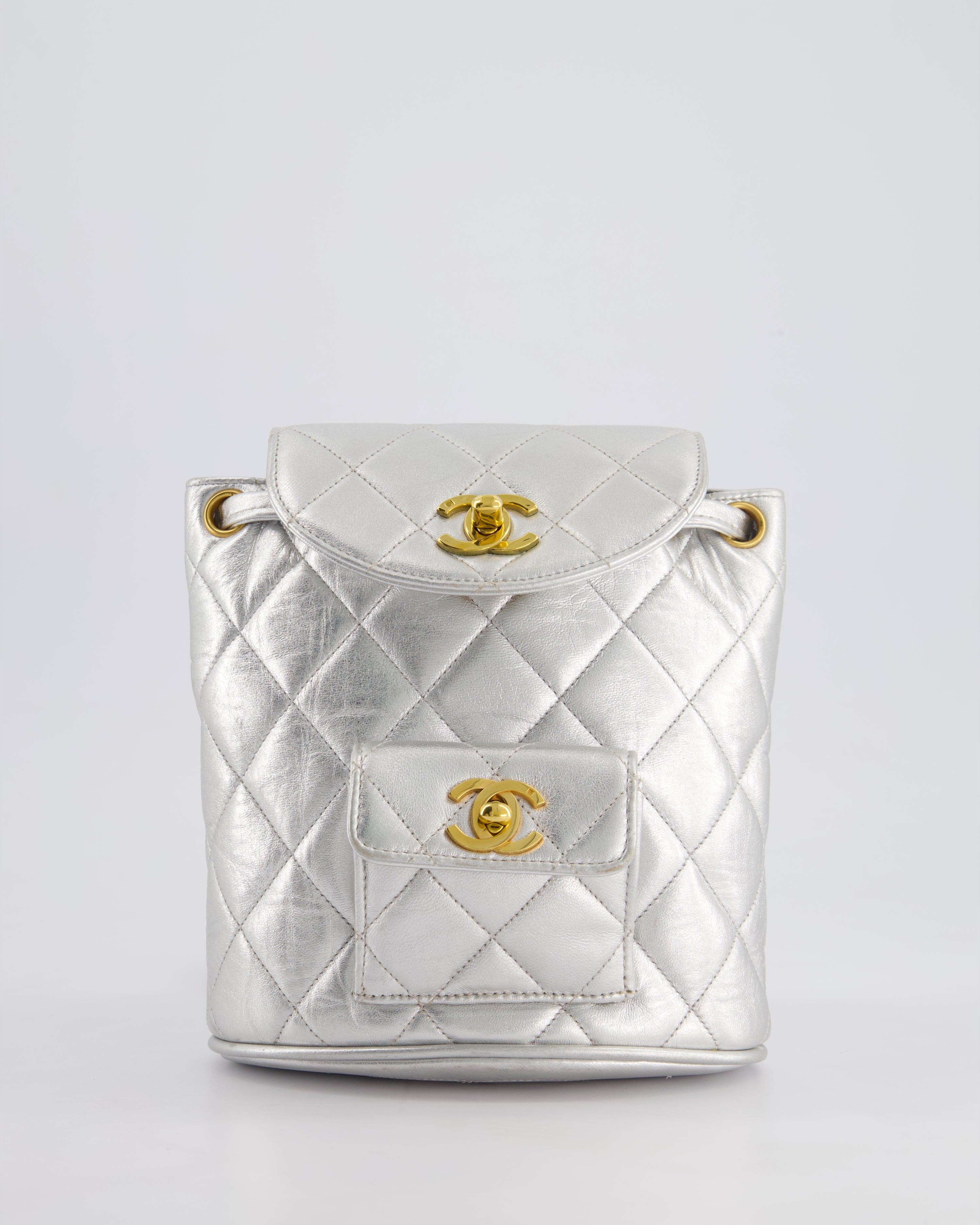 RARE* Chanel Metallic Silver Vintage Mini Duma Backpack Bag in