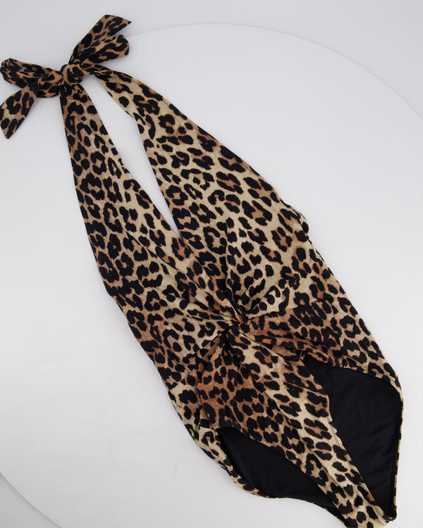 Ganni Leopard Print Neck Tie One-Piece Swimsuit Size IT 38 (UK 6)