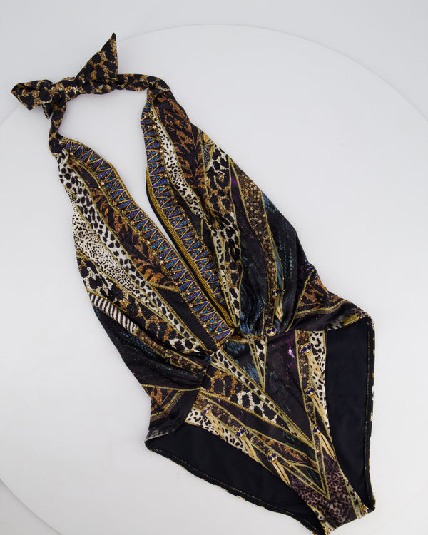 Camilla Embellished Multi Print Neck Tie One-Piece Swimsuit Size XS (UK 8)