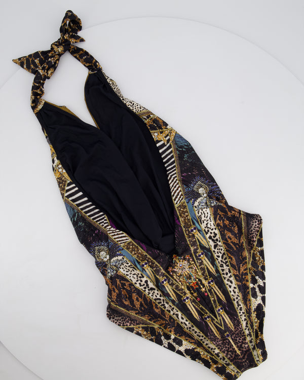 Camilla Embellished Multi Print Neck Tie One-Piece Swimsuit Size XS (UK 8)