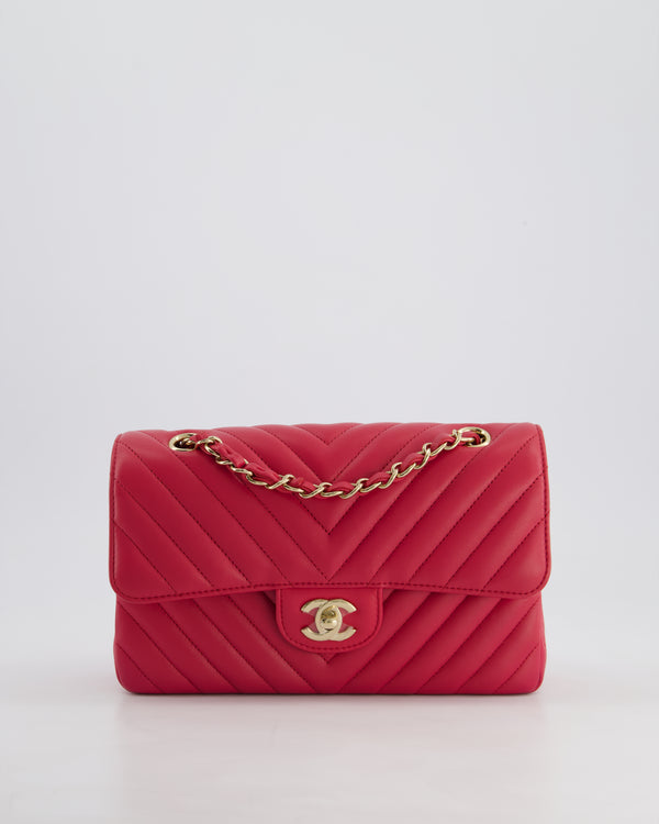 Chanel Raspberry Chevron Small Classic Double Flap Bag in Lambskin Leather with Champagne Gold Hardware