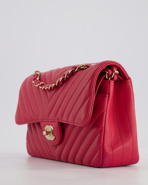Chanel Raspberry Chevron Small Classic Double Flap Bag in Lambskin Leather with Champagne Gold Hardware