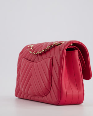 Chanel Raspberry Chevron Small Classic Double Flap Bag in Lambskin Leather with Champagne Gold Hardware