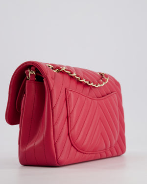 Chanel Raspberry Chevron Small Classic Double Flap Bag in Lambskin Leather with Champagne Gold Hardware
