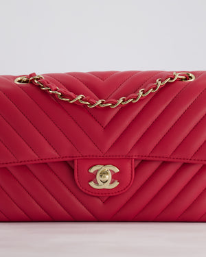 Chanel Raspberry Chevron Small Classic Double Flap Bag in Lambskin Leather with Champagne Gold Hardware