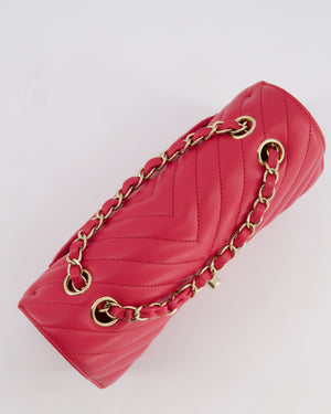 Chanel Raspberry Chevron Small Classic Double Flap Bag in Lambskin Leather with Champagne Gold Hardware