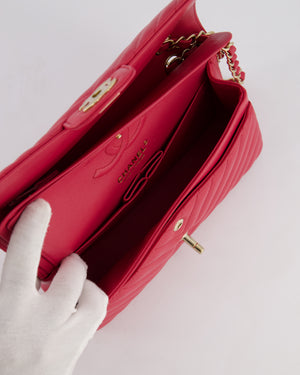 Chanel Raspberry Chevron Small Classic Double Flap Bag in Lambskin Leather with Champagne Gold Hardware