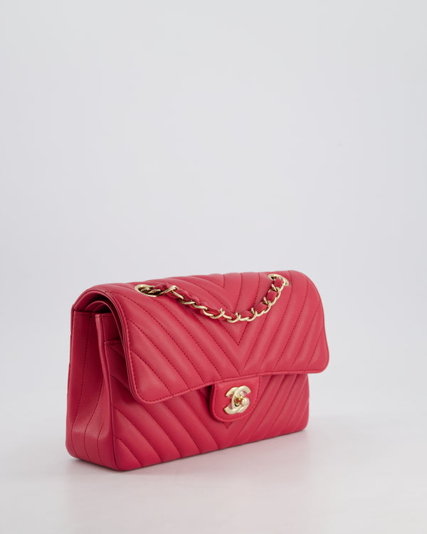 Chanel Raspberry Chevron Small Classic Double Flap Bag in Lambskin Leather with Champagne Gold Hardware