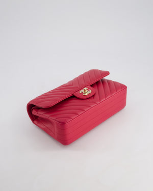 Chanel Raspberry Chevron Small Classic Double Flap Bag in Lambskin Leather with Champagne Gold Hardware
