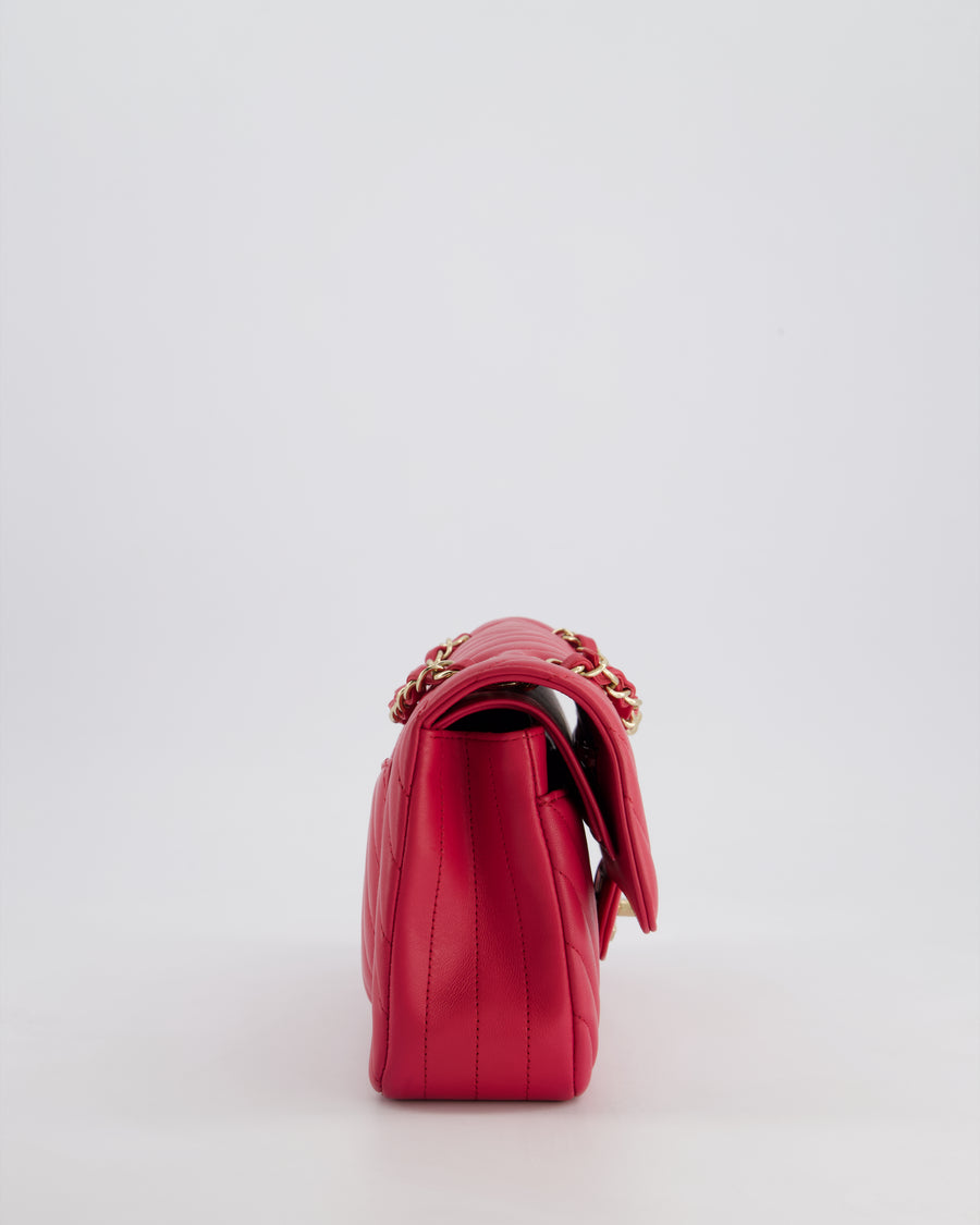 Chanel Raspberry Chevron Small Classic Double Flap Bag in Lambskin Leather with Champagne Gold Hardware