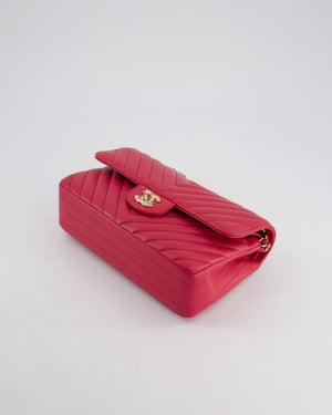 Chanel Raspberry Chevron Small Classic Double Flap Bag in Lambskin Leather with Champagne Gold Hardware