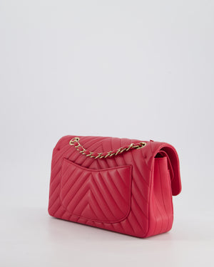 Chanel Raspberry Chevron Small Classic Double Flap Bag in Lambskin Leather with Champagne Gold Hardware
