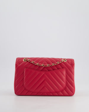 Chanel Raspberry Chevron Small Classic Double Flap Bag in Lambskin Leather with Champagne Gold Hardware