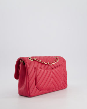 Chanel Raspberry Chevron Small Classic Double Flap Bag in Lambskin Leather with Champagne Gold Hardware