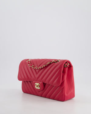 Chanel Raspberry Chevron Small Classic Double Flap Bag in Lambskin Leather with Champagne Gold Hardware