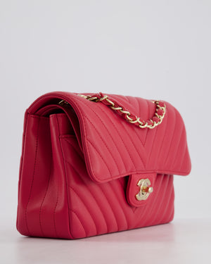 Chanel Raspberry Chevron Small Classic Double Flap Bag in Lambskin Leather with Champagne Gold Hardware